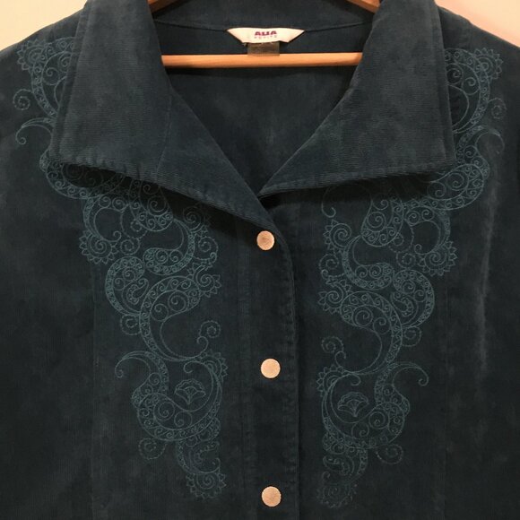 Vintage 90s Alia Embroidered Turquoise Corduroy Jacket and Pantsuit - Picture 6 of 16